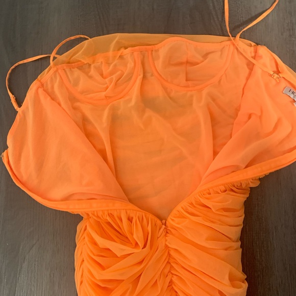 HOUSE OF CB ELLA TANGERINE RUCHED ORGANZA MESH MINI DRESS SMALL - Picture 5 of 7